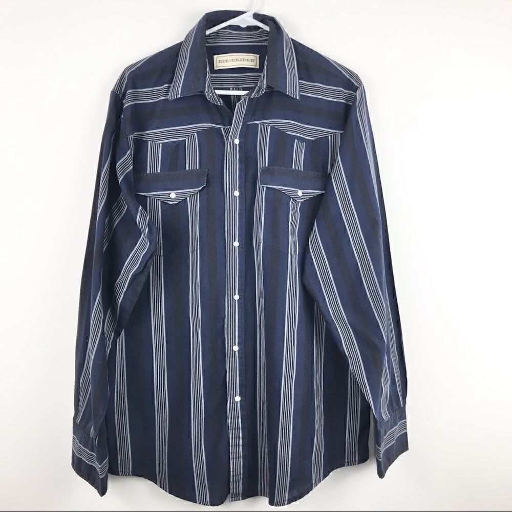 Bit & Bridle Navy Blue Stripe Snap Front Long Sleeve Western Cotton Shirt